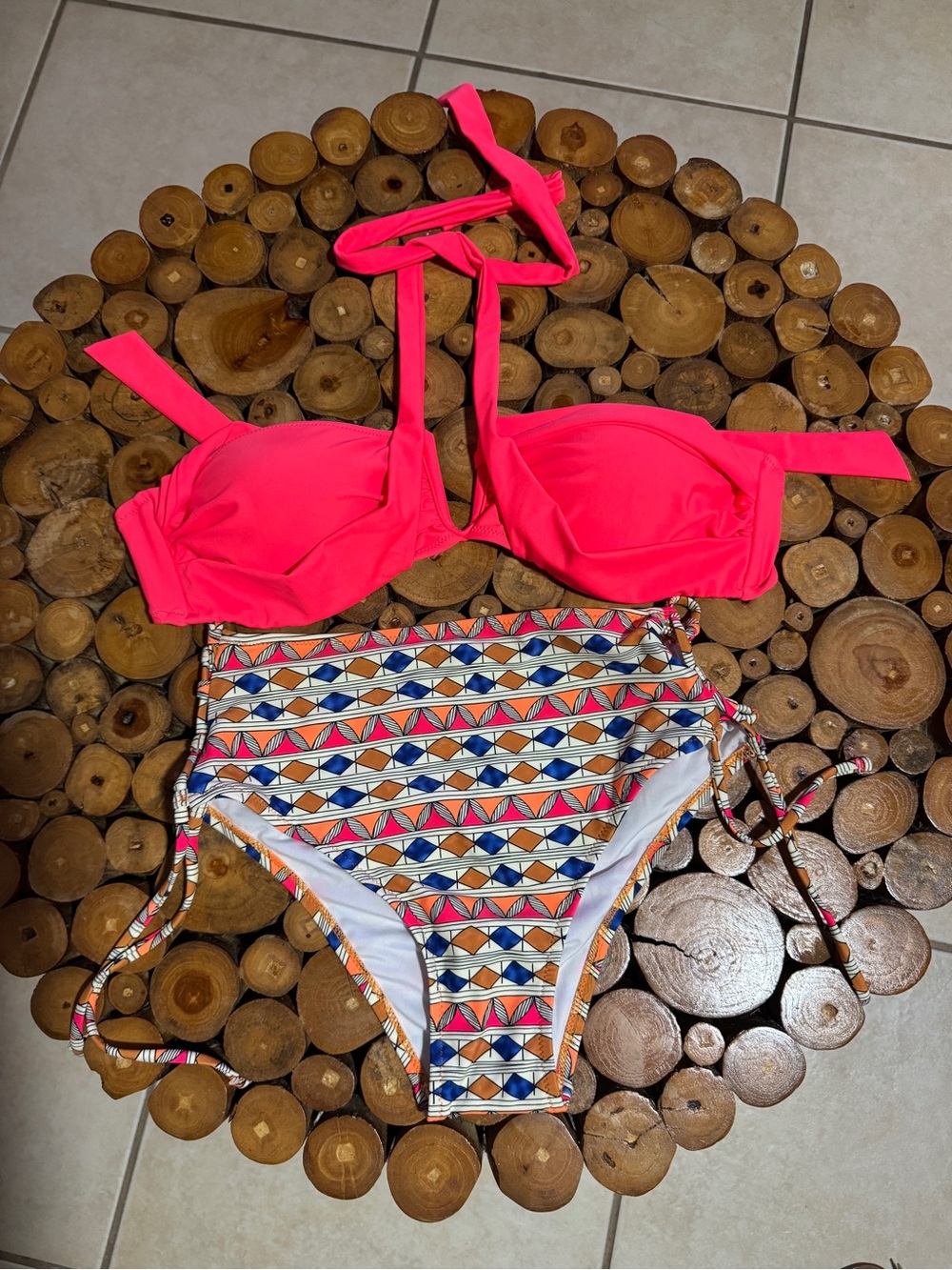 Girls' Neon Pink Halter Bikini Top with Geo Print High-Waist Bottom